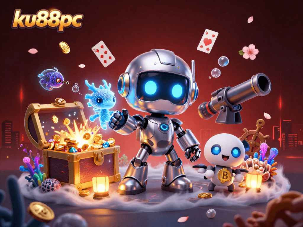ku88pc captivates players with a dynamic 3D illustration of a cyberpunk mascot and gaming treasures