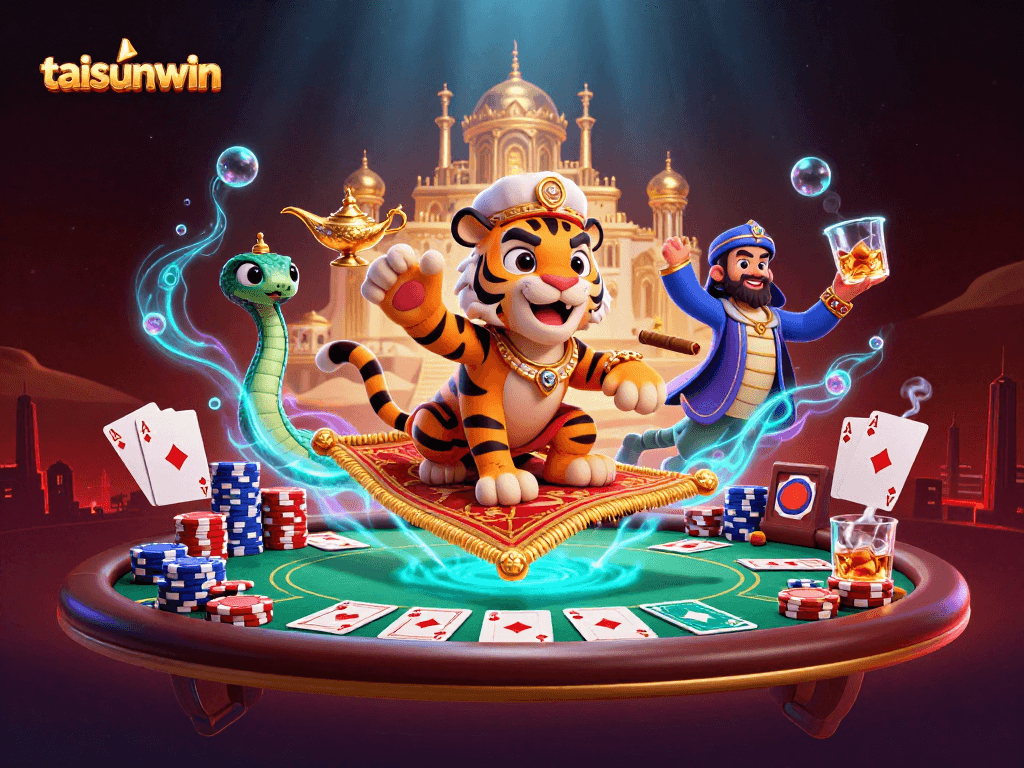 Join the action at taisunwin with a captivating 3D illustration of the tiger sultan on a flying carpet.