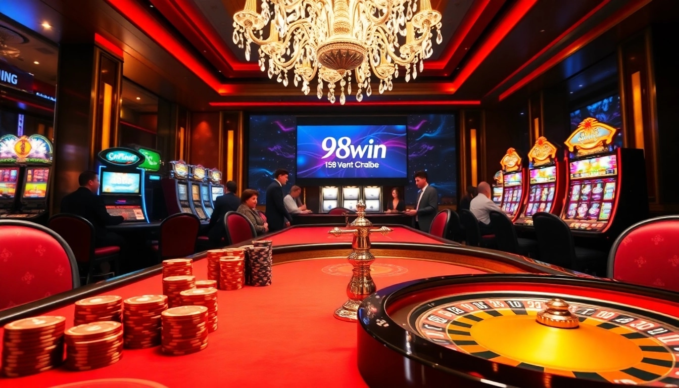 Players enjoying games at 98win club, featuring vibrant casino tables and slot machines.