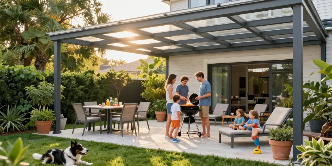 Moderne Terrassenüberdachung mit Familie beim Grillen und grüner Umgebung.