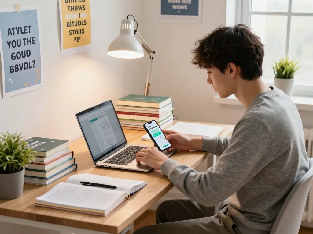Student, der eine Hausaufgaben-Scanner-App in einem gemütlichen Arbeitszimmer verwendet, umgeben von Lehrbüchern und motivierender Dekoration.