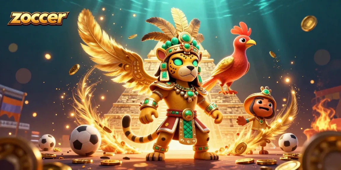 Zoccer sports betting scene with a Mayan priest and quetzal bird, featuring coins and soccer elements.