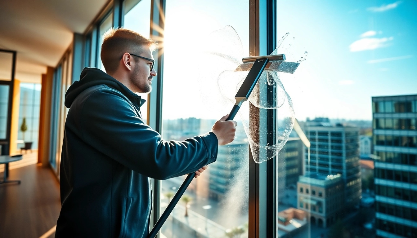 Professioneller Münster Fensterputzer reinigt große Fenster in einem modernen Bürogebäude.
