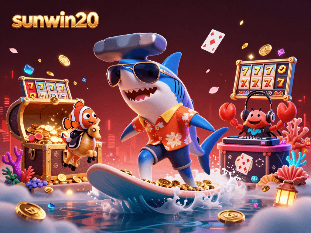 Engage in thrilling gameplay at sunwin20, featuring a vibrant 3D illustration of a shark and clownfish amidst casino elements.