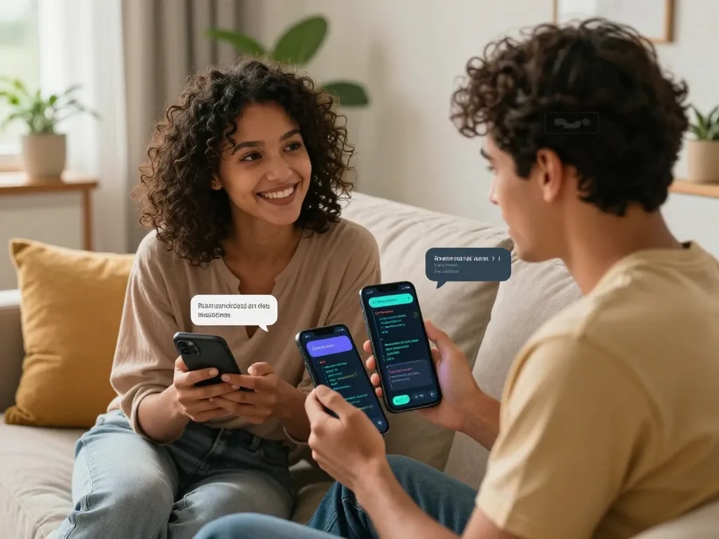 Couple discussing sex AI chat with digital chatbot in a cozy living room.