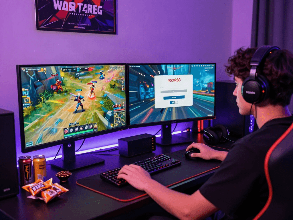 Gamer engaged in action with rokok88 link login on dual monitors in an exciting gaming setup.