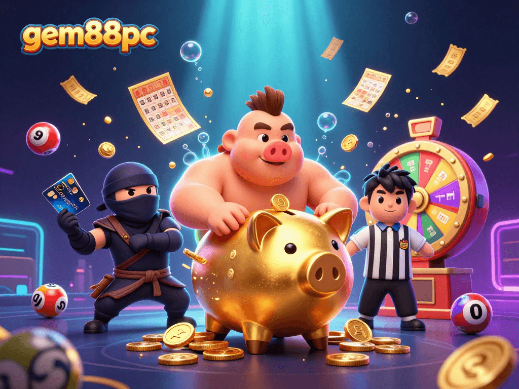 Experience gaming thrills with gem88pc as the golden piggy bank sumo wrestler unleashes a coin storm!