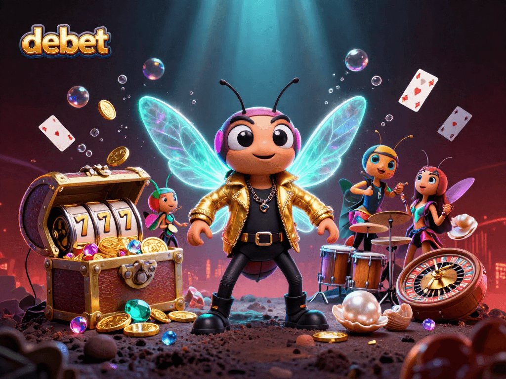 Win big with debet in this vibrant 3D scene featuring exciting slot games and dynamic casino elements.