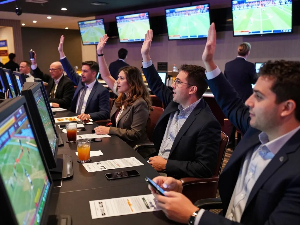 Engaging sports betting scene showcasing tin soi kèo with patrons celebrating winning bets and lively atmosphere