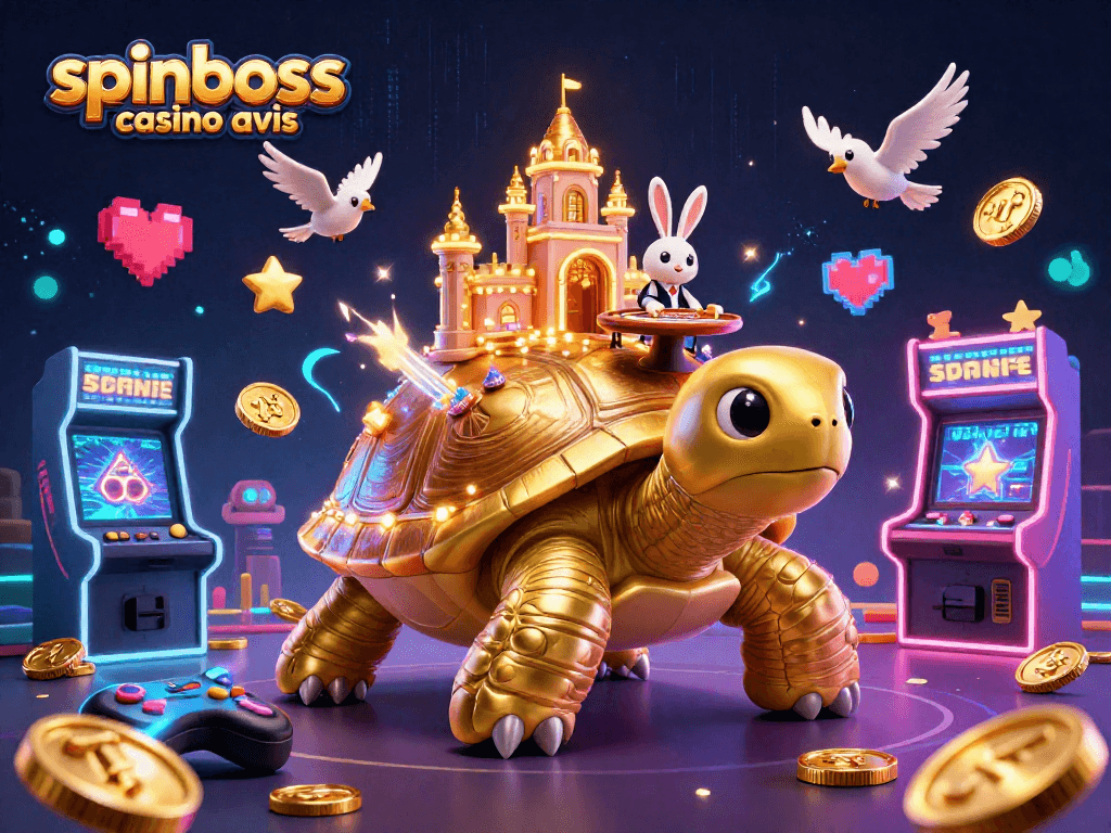 Illustration de spinboss casino avis, représentant une tortue géante en or et un croupier lapin, entourés de machines à jeux colorées.