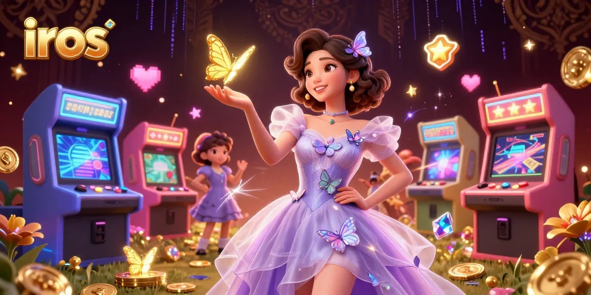 Experience thrilling action with iros as a stunning Asian woman in a pastel gown captivates amidst colorful 3D arcade elements.