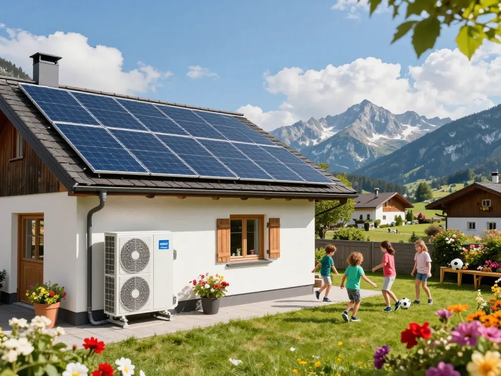 Photovoltaik Bayern Zuhause, das Solarpanels und Wärmepumpen in einer lebhaften bayerischen Szenerie integriert.