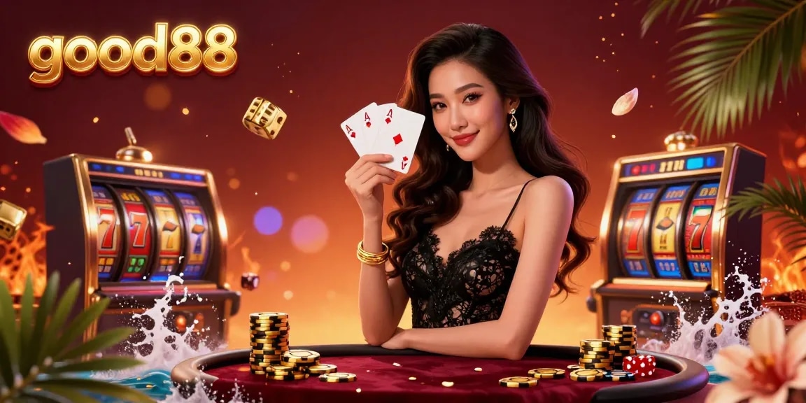 Experience luxurious gameplay at good88 with a stunning Asian dealer showcasing winning cards.