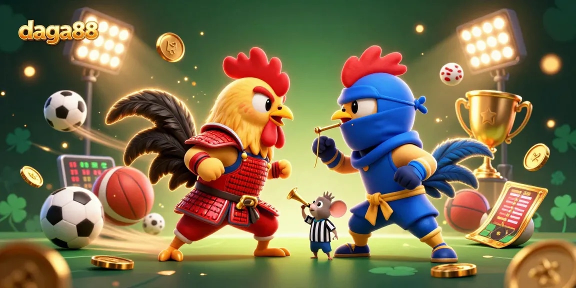Engage in thrilling cockfighting action with daga88, featuring dynamic 3D roosters and gaming elements.
