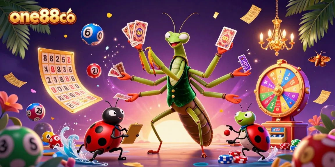 Experience dynamic gaming action at one88co with a vibrant casino scene featuring wild characters and lots of games.
