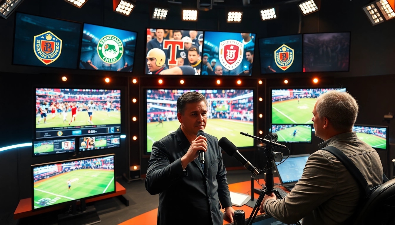 Engaging sports broadcasting setup showcasing a modern studio atmosphere.