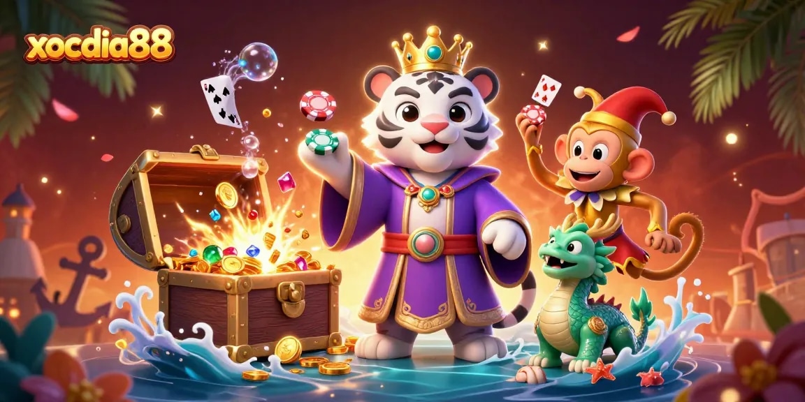 Xocdia88 players winning big in a vibrant casino-themed illustration featuring dynamic characters and treasure elements.