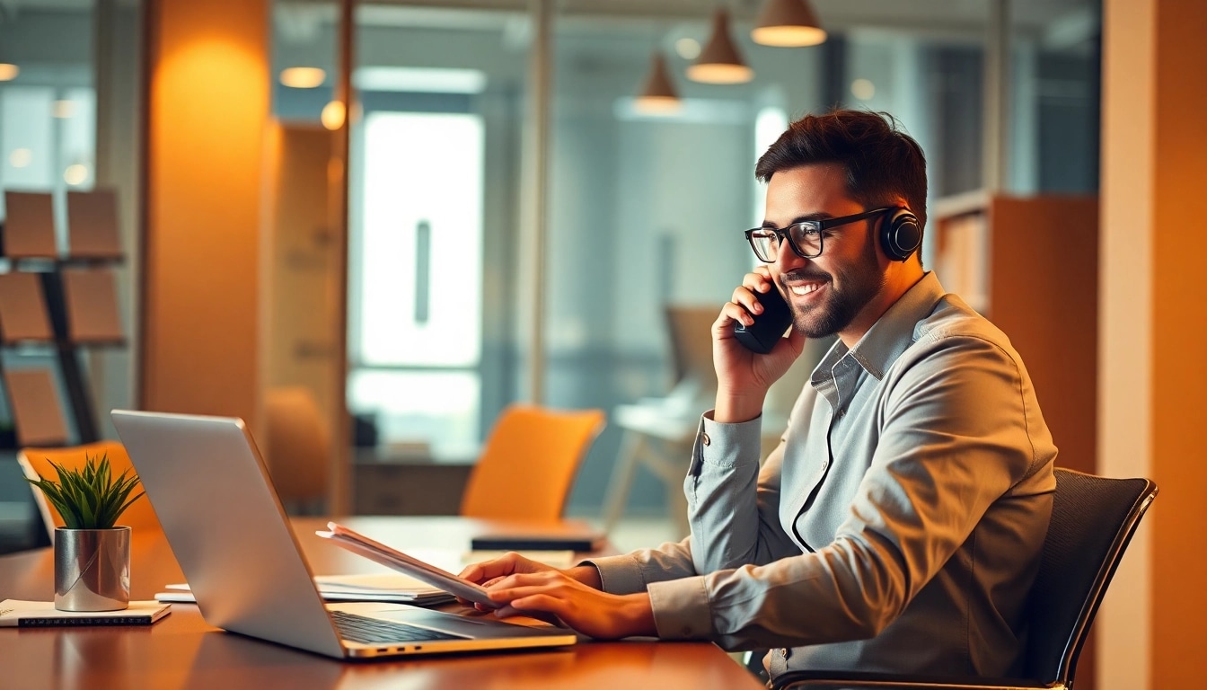 Headhunter spricht am Telefon in einem modernen Büro mit Bewerbungsunterlagen auf dem Tisch
