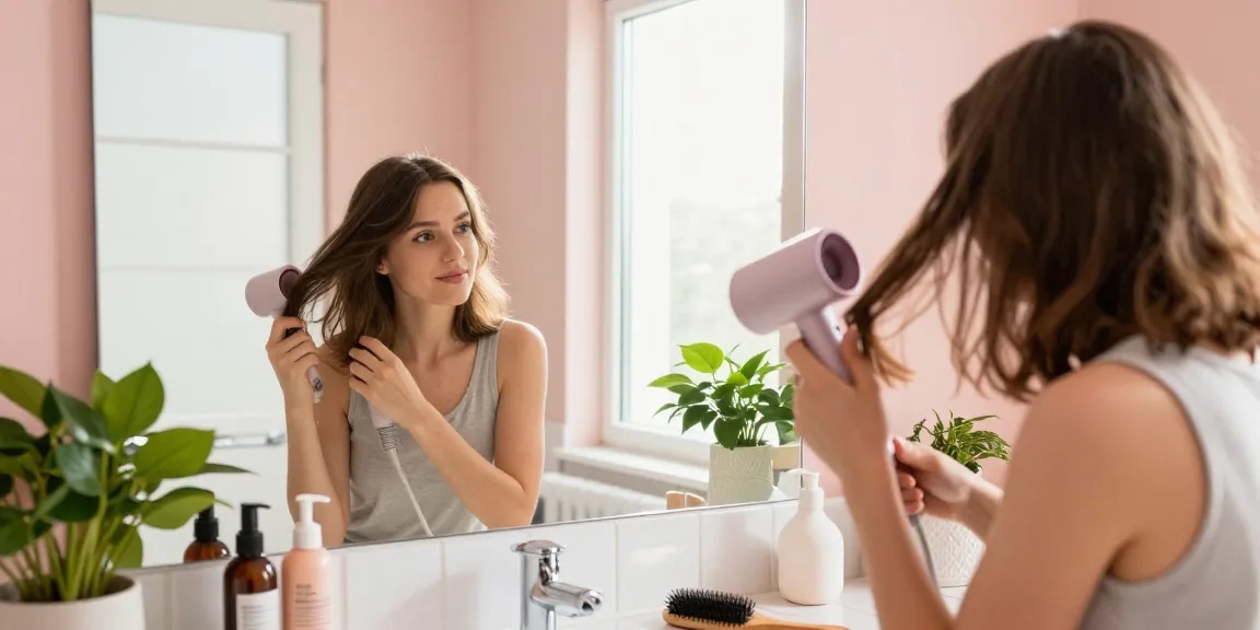 Styling hair with a mini blow dryer in a bright bathroom.