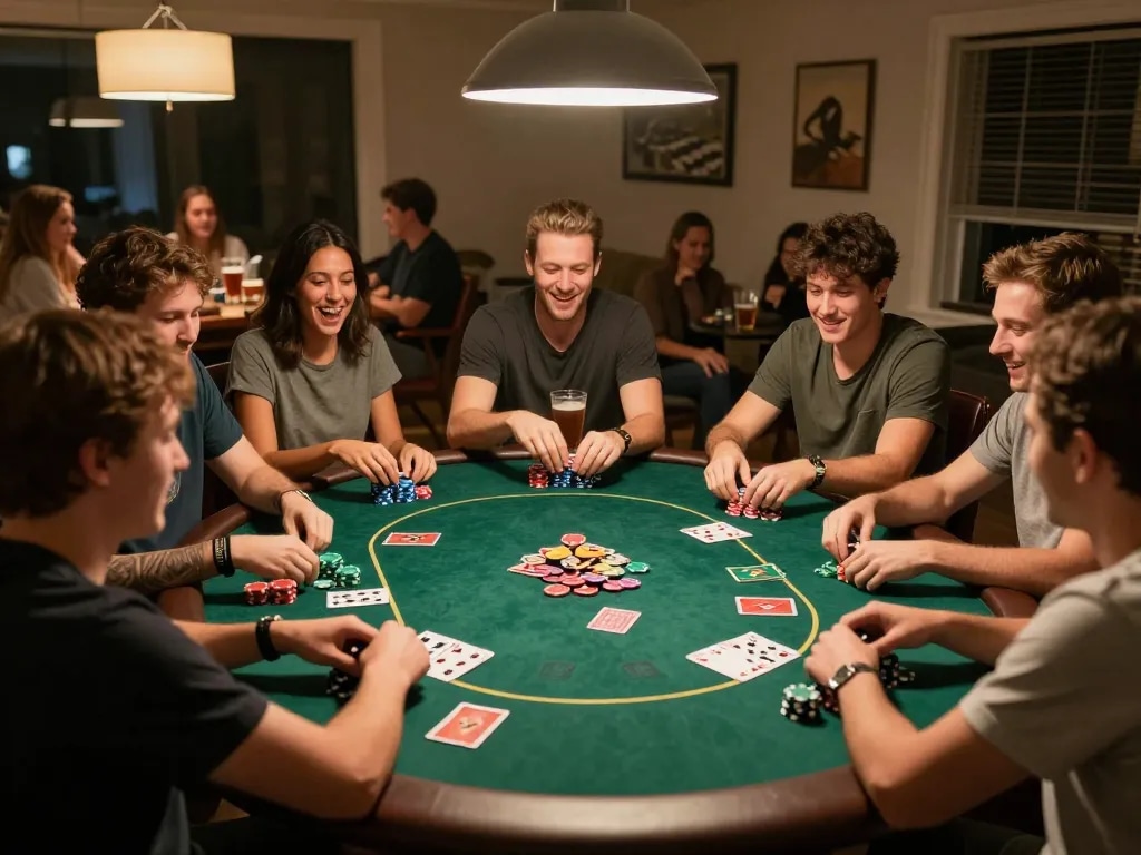 Engaging poker game at home with friends, highlighting the fun experience at link f168.