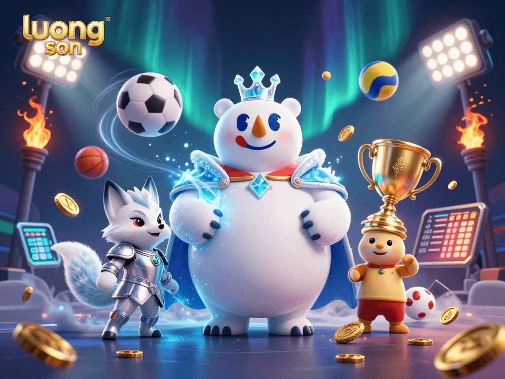 Engage in 'luong son' sports betting with dynamic energy, featuring a polar bear and fox among vibrant sports elements.