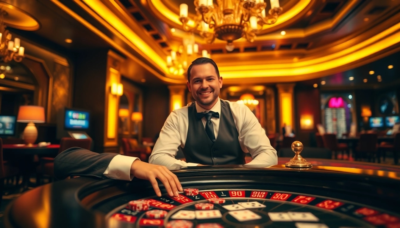 Die Casinospielen.de Plattform zeigt einen professionellen Dealer an einem Roulette Tisch mit strahlenden Farben.