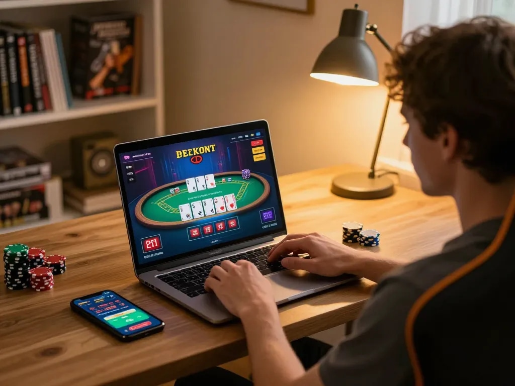Player engaged in strategic blackjack gameplay on 79King's online platform with laptop and smartphone.