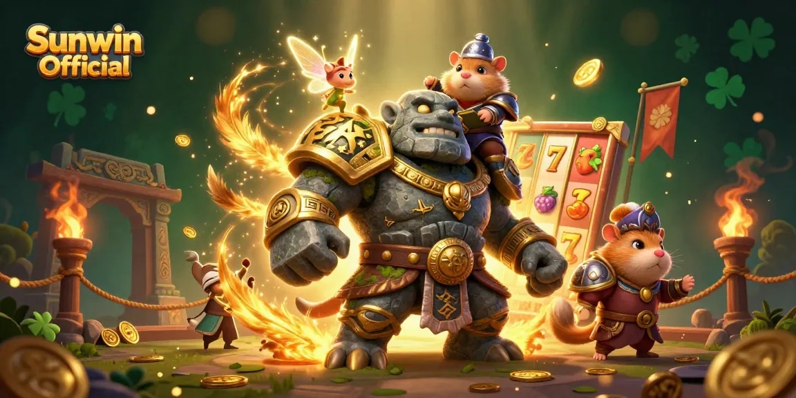 Join the adventure with Sunwin Official in this magical gambling scene featuring ancient characters and slot reels.
