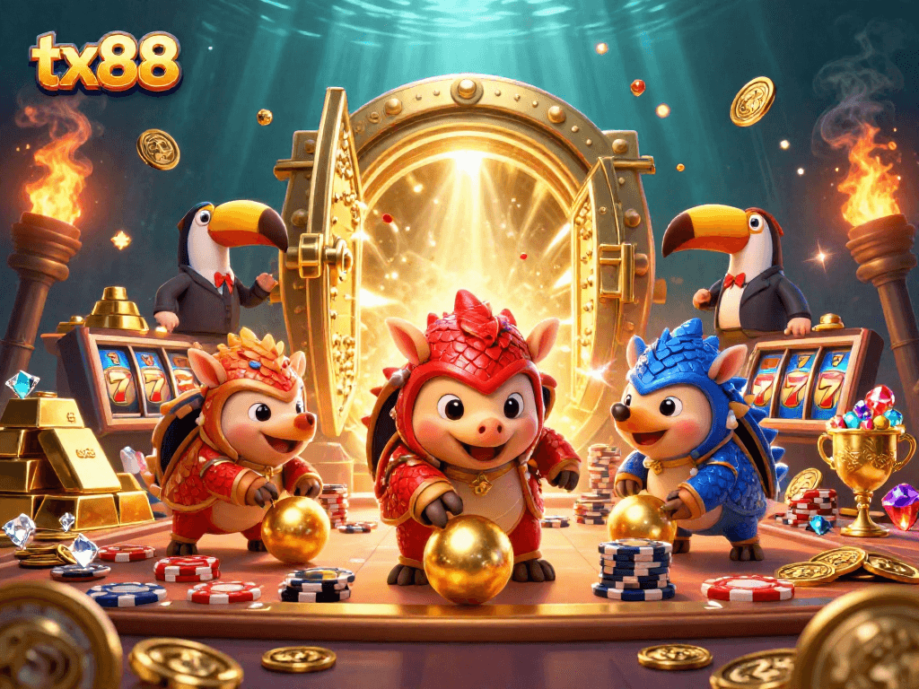 tx88 pangolins compete in a vibrant slots game scene filled with gold and jewels