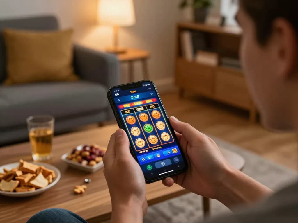 Engaging in mobile gaming with Go8 mobile app showing vibrant slot interface in cozy home.