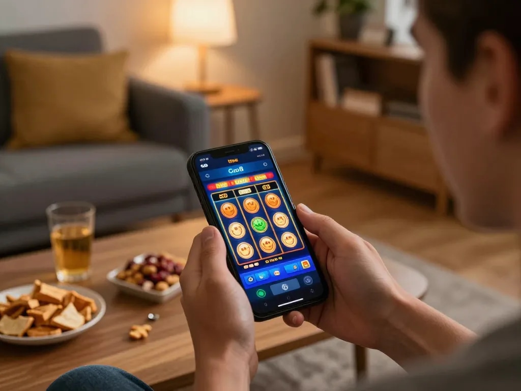Engaging in mobile gaming with Go8 mobile app showing vibrant slot interface in cozy home.
