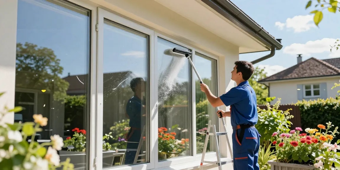 Streak-free window cleaning in Bern by a professional cleaner showcasing expert fensterreinigung bern services.
