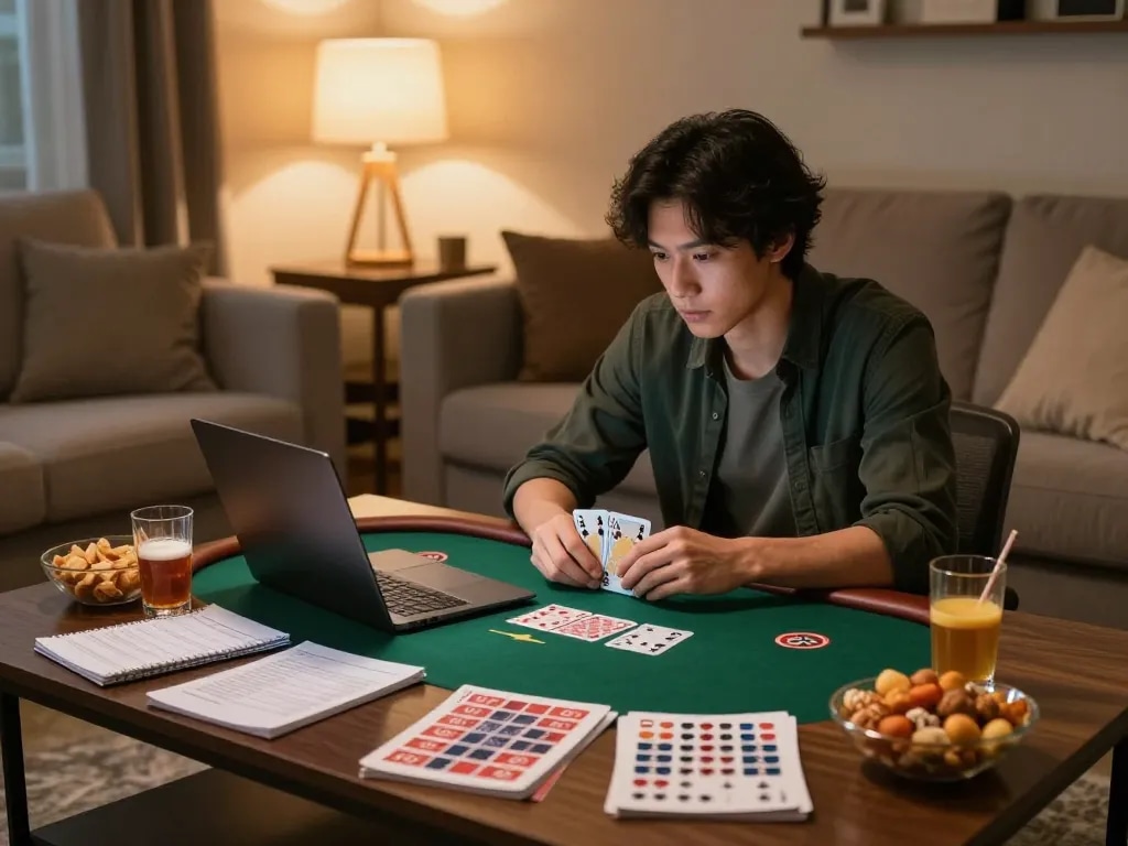 Player enjoying F168 online poker game from home, surrounded by cozy decor and strategy notes.