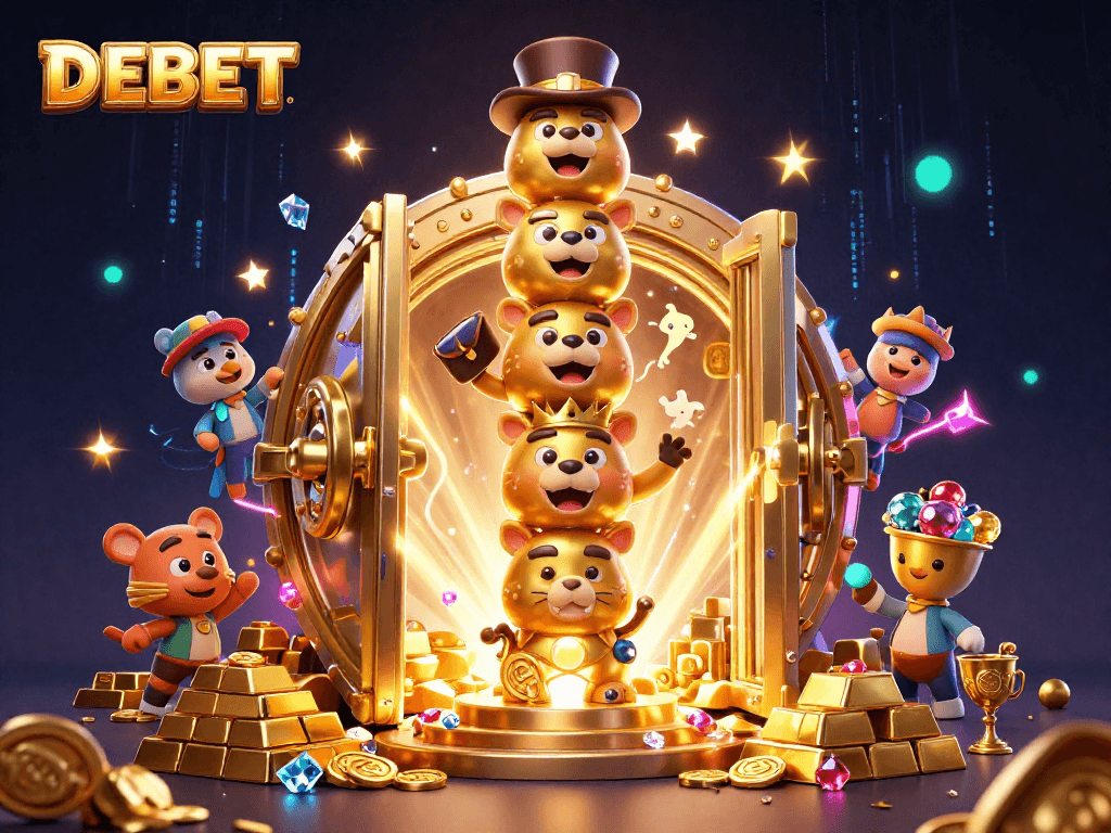 Engage with DEBET's vibrant 3D casino illustration showcasing thrilling treasures and mythical totems.