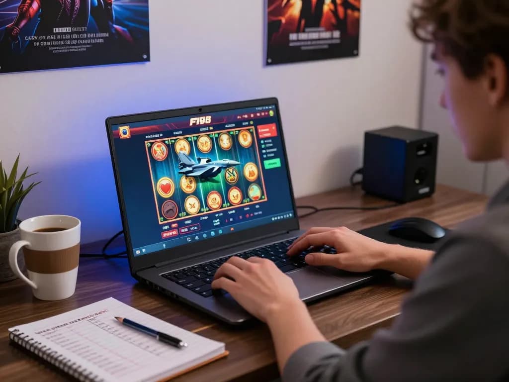 Engaged player exploring F168 online casino on laptop, analyzing strategies in a cozy home office.