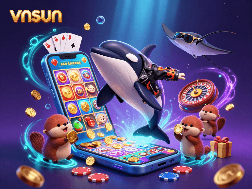 Join the excitement at vnsun with orca bikers and otters winning golden coins in a vibrant casino scene.
