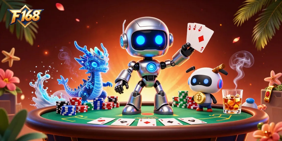 Experience thrilling online gaming at F 168 with a vibrant 3D casino scene filled with poker excitement.