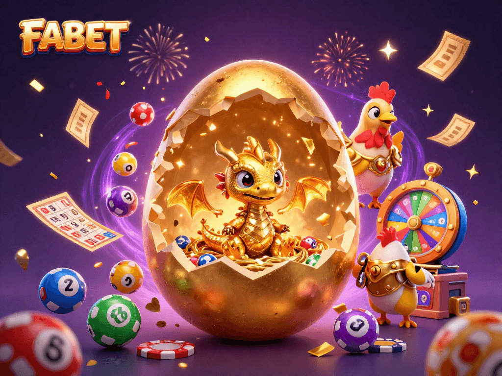 Experience thrilling gaming at FABET with a magnificent golden dragon amidst vibrant lottery elements.