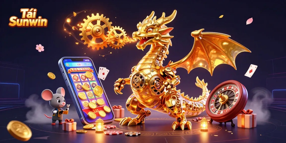 Play slot games and win big with Tải Sunwin in a vibrant 3D casino scene featuring a dragon.