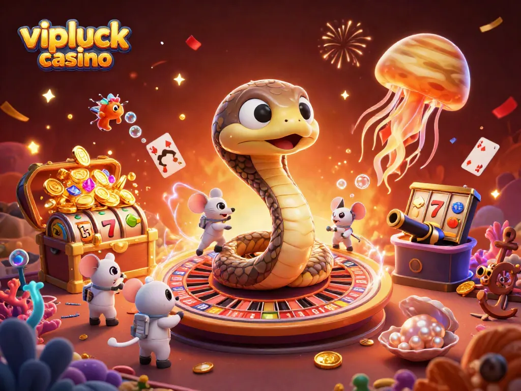 Engage in action at vipluck casino, where cartoon characters and cosmic elements create an exciting gambling atmosphere.