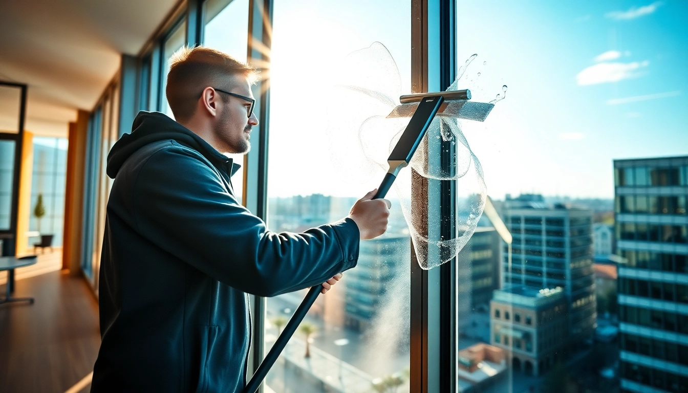 Professioneller Münster Fensterputzer reinigt große Fenster in einem modernen Bürogebäude.