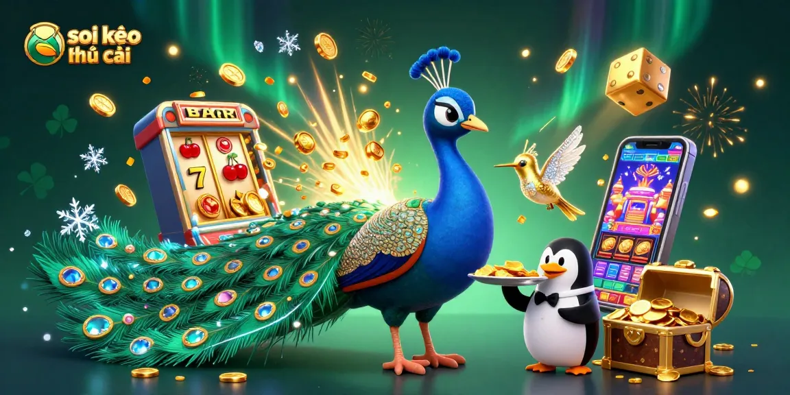 Engage in soi kèo nhà cái with vibrant 3D illustration featuring a peacock, a penguin, and casino symbols.
