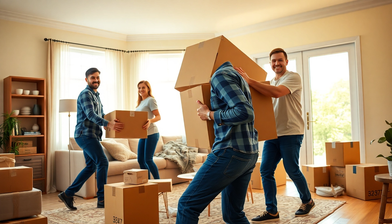 Umzugsunternehmen Bruchsal team handling furniture in a bright living room.