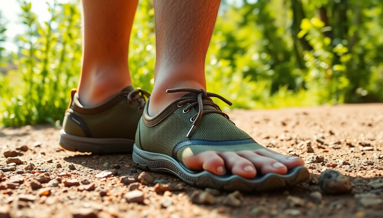 Tragen Sie Barefoot-Sch Schuhe auf einem schönen Outdoor-Hintergrund und zeigen Sie ihre Flexibilität.