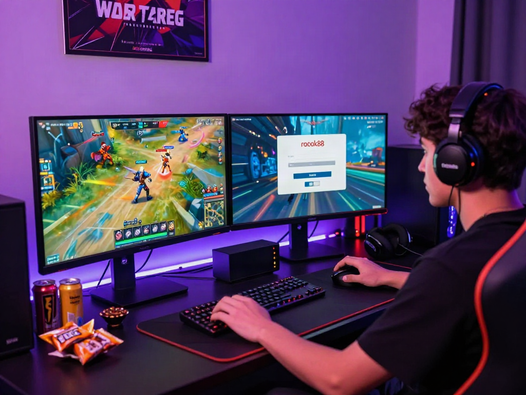 Gamer engaged in action with rokok88 link login on dual monitors in an exciting gaming setup.
