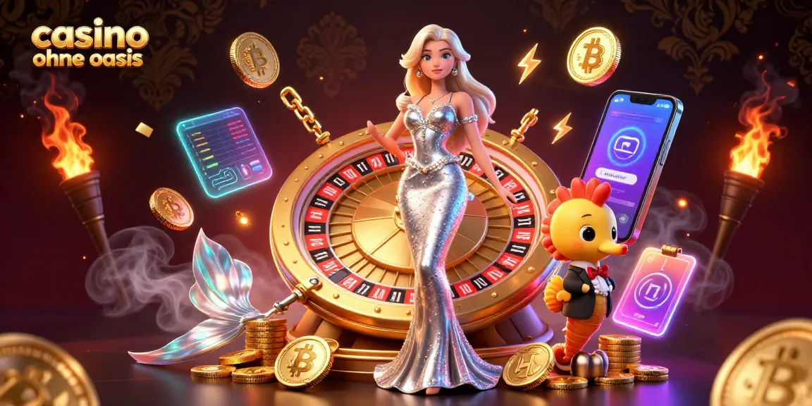 Experience a casino ohne oasis with vibrant gaming visuals and crypto elements featuring dynamic characters.