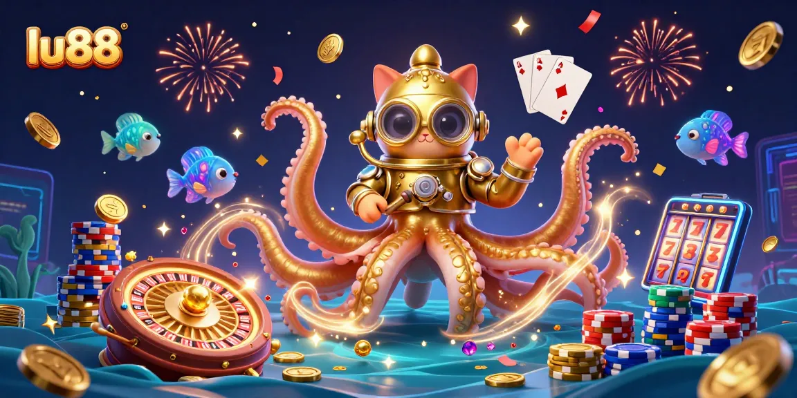 Experience thrilling action at lu88 with a monstrous kraken, diving cat, and vibrant casino elements.