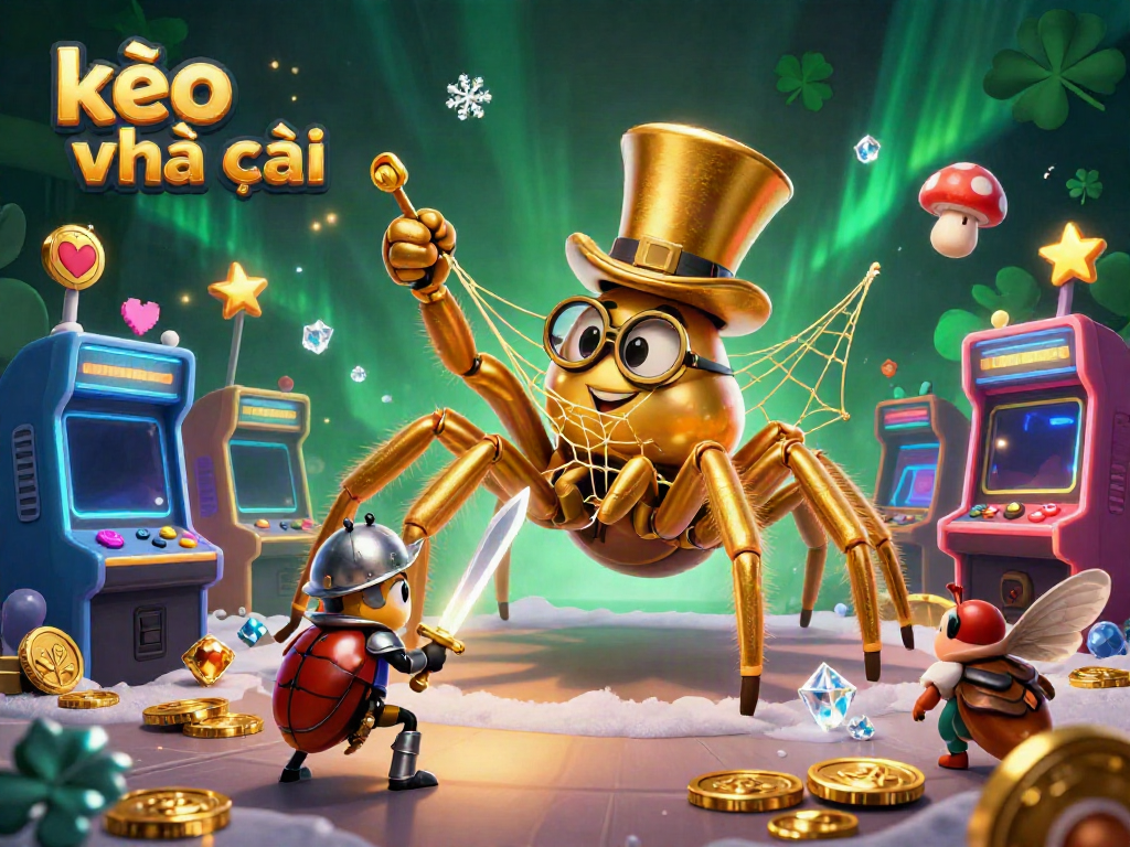 Engage with the thrilling kèo nhà cái scene featuring a golden tarantula and dynamic characters in a vibrant casino.