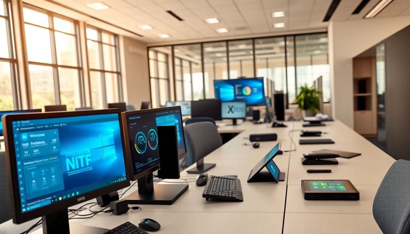 Windows 11 IoT Enterprise für Firmen bestellen in a professional IT environment showcasing modern devices and dashboards.