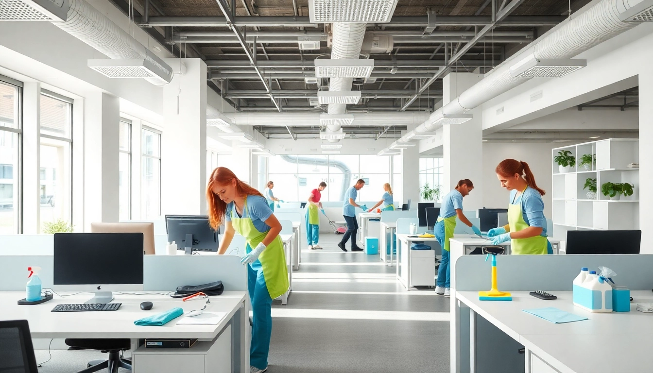 Büroreinigung in Münster durch ein professionelles Team in einem modernen Büro mit hellem Licht.